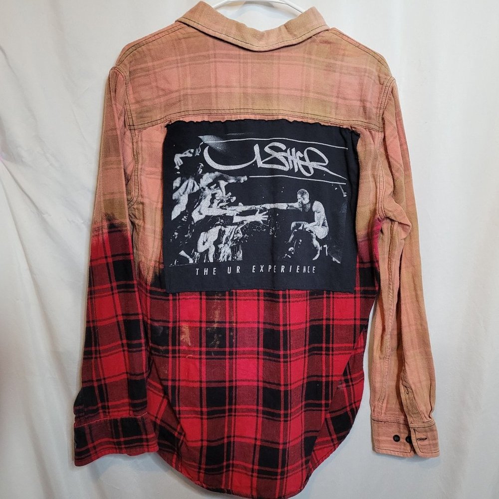 Usher Flannel Shirt Upcycled  Ombre Bleached  Adult Med